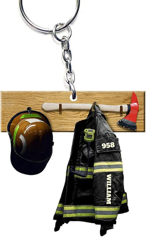 Personalized Firefighter With Helmet Keychain Custom Firefighter Gifts for Men Acrylic Keychain with Iamge Name Number