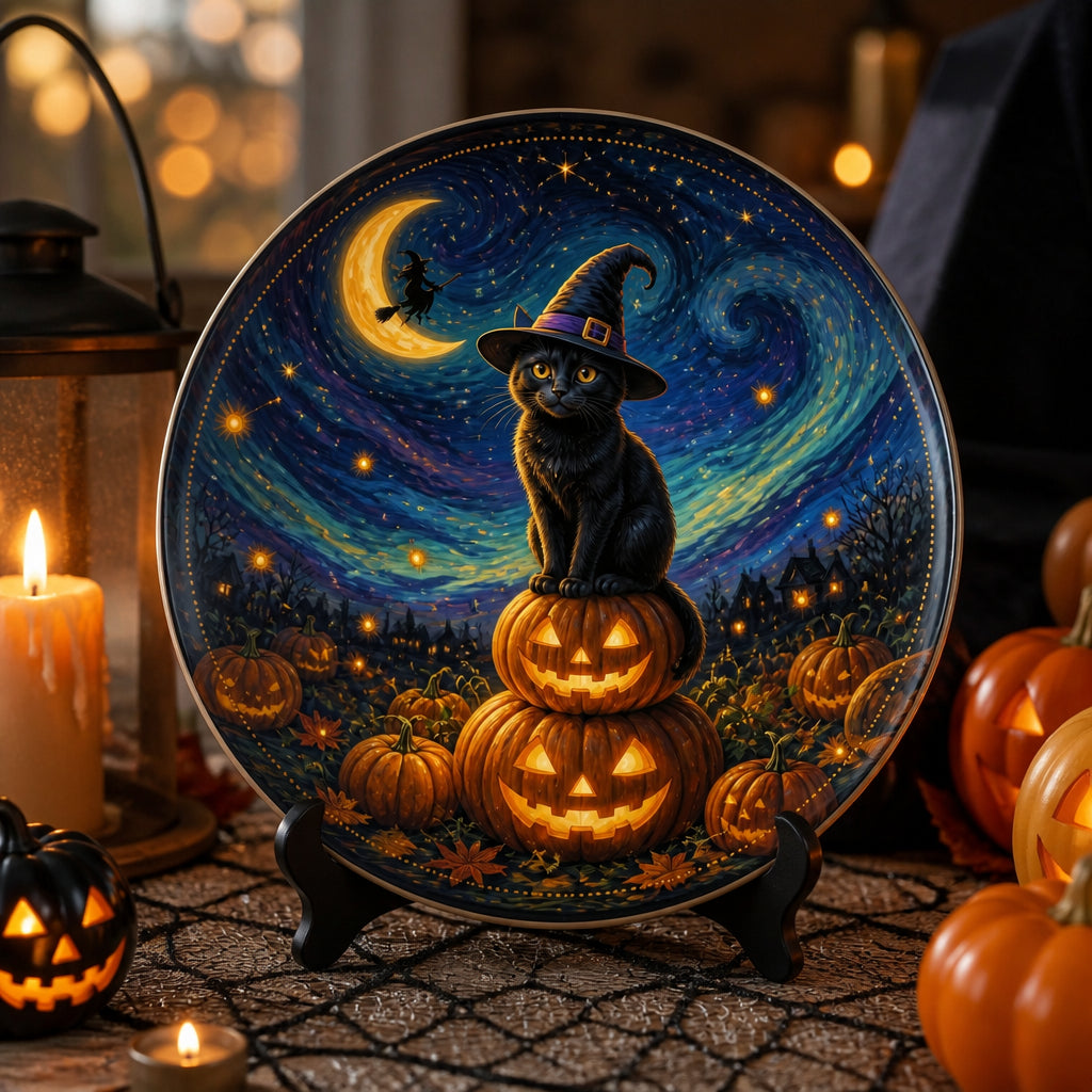 Whimsical Halloween Night Cat Ceramic Plate - Personalized Ceramic Plate 52a0bde9-c946-4b7e-a0f4-7cc9dc357615.jpg