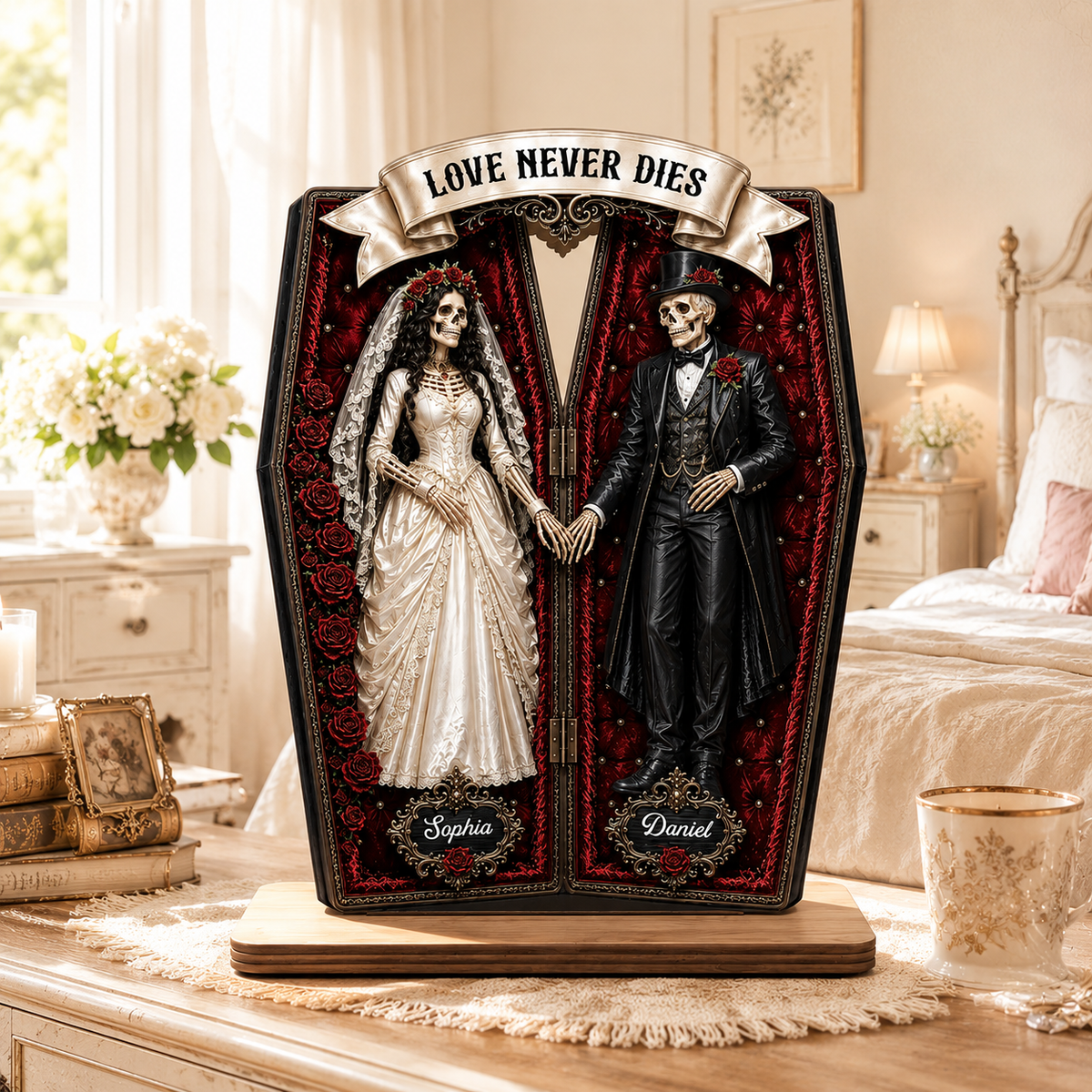Love Never Dies - Personalized 2 Layer Wooden Plaque - Gift For Lovers Halloween