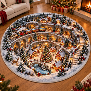 Christmas Train Village 3D Illusion Round Rug, Snowy Winter Wonderland Floor Mat, Holiday Area Carpet for Living Room, Xmas Home Decor 52e4f65e-97cb-4fb7-af88-a26aef3d1108-North-Pole-Christmas-Railway-Rug.png