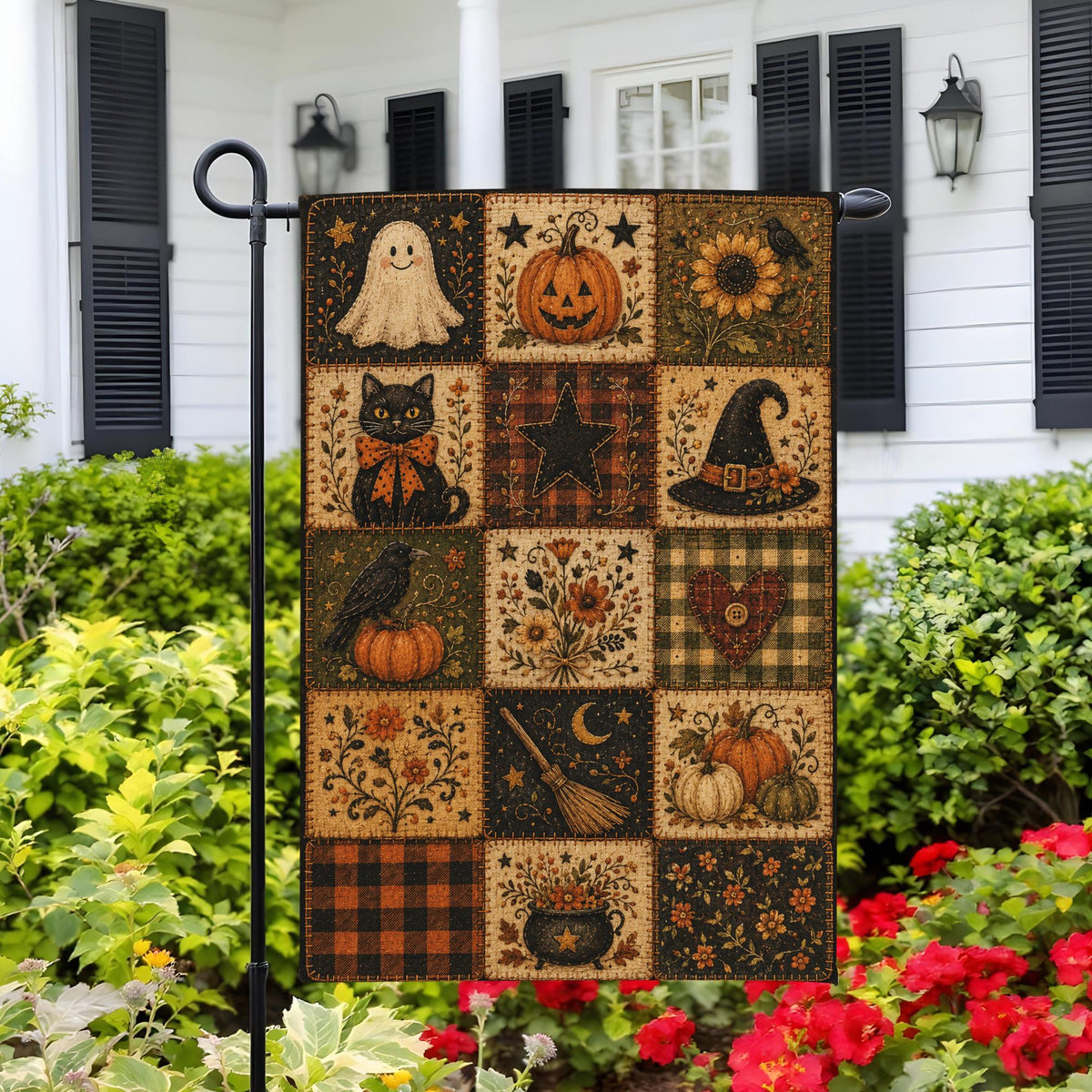 Primitive Halloween Patchwork Garden Flag, Ghost Black Cat Pumpkin Quilt Decor, Rustic House Flag 52e96bdf-1321-4a4e-b790-cb14e245c226-1.jpg