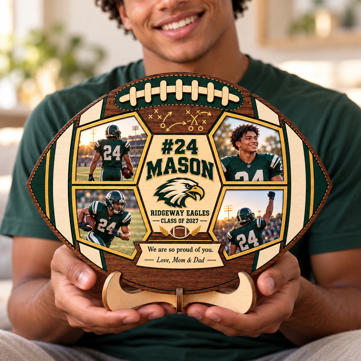 Personalized Football Photo Collage Plaque with Stand – Custom Senior Night & Graduation Gift for Football Players 530b536e-20a0-40eb-baae-1564bcad114d-Football-photo-plaque-held-proudly-2.png