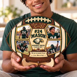 Personalized Football Photo Collage Plaque with Stand – Custom Senior Night & Graduation Gift for Football Players 530b536e-20a0-40eb-baae-1564bcad114d-Football-photo-plaque-held-proudly-2.png