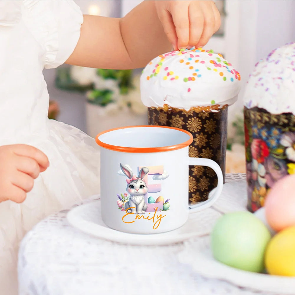 Personalised Cute Easter Bunny Gradient Initial Enamel Mug with Name Party Favor Easter Gift for Kids
