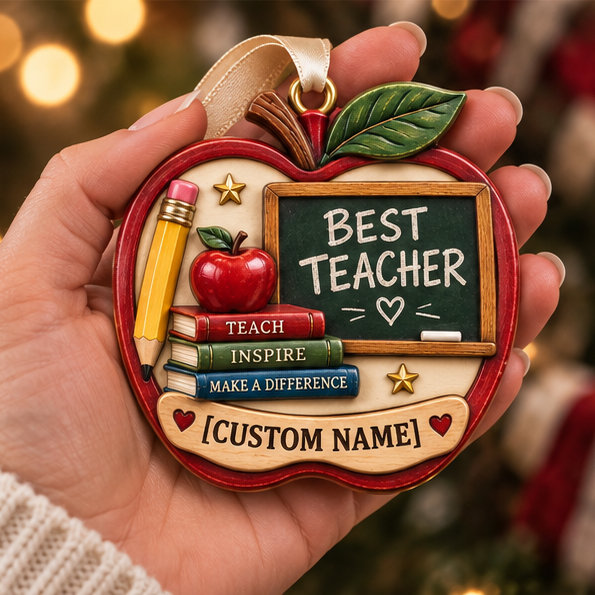 Personalized Best Teacher Apple Christmas 3D Ornament - Custom Name Teach Inspire Tree Decor 5381c7af-4307-4b26-b26b-df9a766ee159-best_teacher_mockup_3_handheld.png
