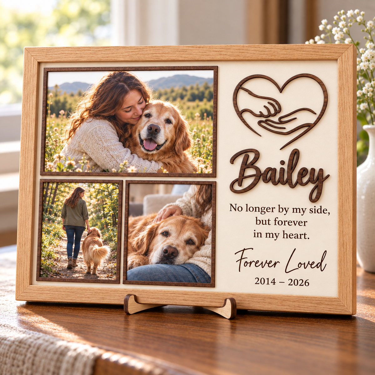 Personalized Dog Memorial Photo Frame, Custom Name Wooden Pet Picture Collage, Forever in My Heart Keepsake, Pet Loss Sympathy Gift 538ce6fc-4185-425f-be79-b4dd4d44f9dd-Bailey-Walnut-Memorial-Frame-1.png