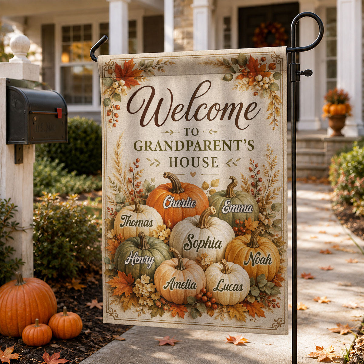 Welcome To Grandparent's House Fall Pumpkin - Personalized Garden Flag - Fall Season Decor Gift, Gift For Grandma, Grandpa 5394801d-1d24-4709-a438-04e1342c1b05-banner-5.jpg