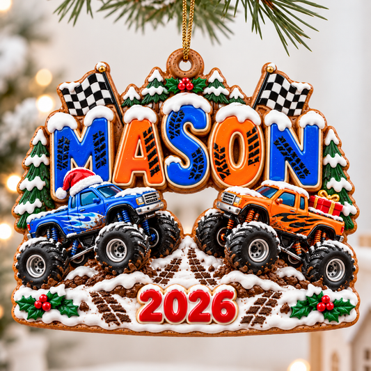 Personalized Monster Truck Christmas Ornament 2026 – Custom Name with Blue and Orange Trucks, Holiday Keepsake Gift for Kids and Truck Lovers 53bcd47a-05ec-4994-bb22-2b8f23f8488d-Mason-Monster-Truck-Gingerbread-Ornament.png