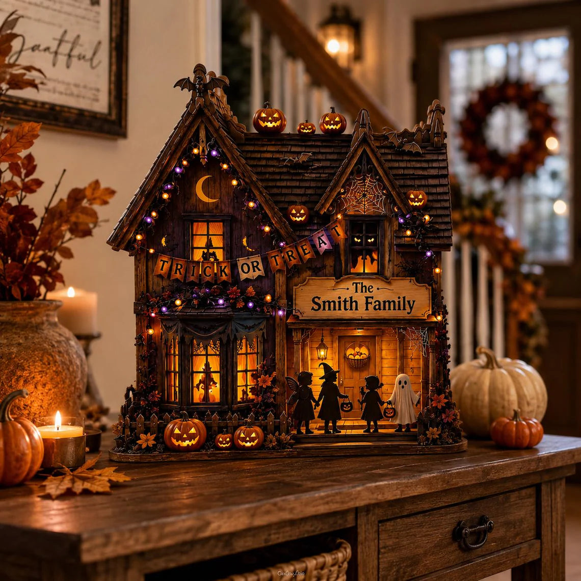 Personalized Halloween Wooden Block, Lighted Haunted House Family Name Decor, Trick or Treat Pumpkin Shelf Decor, Spooky Fall Gift 53c88c44-6409-49ca-9ffb-258cc1dff8ad-1.webp