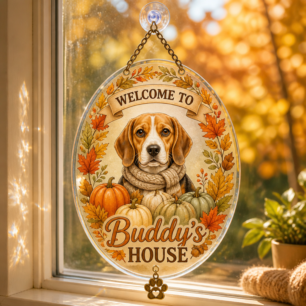 Custom Fall Pet Portrait Garden Flag – Welcome To [Name]'s House - Personalized 1 Layered Suncatcher with Charm 53e91096-d613-4a7c-8511-23c8a9168012.png