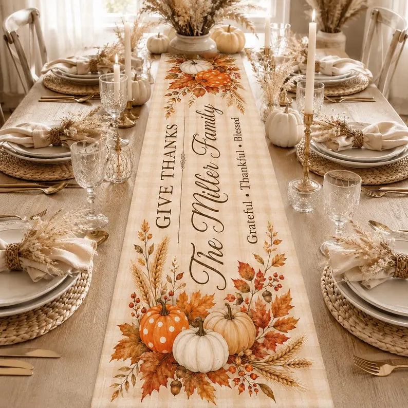 Custom Family Thanksgiving Table Runner Linen 70x13in, Personalized Pumpkin Fall Table Decor, Give Thanks Autumn Dining Table Runner 53f52fca-8fe3-41a2-ba9b-4696d786bc68--tghnj-5-.webp