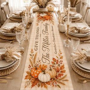 Custom Family Thanksgiving Table Runner Linen 70x13in, Personalized Pumpkin Fall Table Decor, Give Thanks Autumn Dining Table Runner 53f52fca-8fe3-41a2-ba9b-4696d786bc68--tghnj-5-.webp