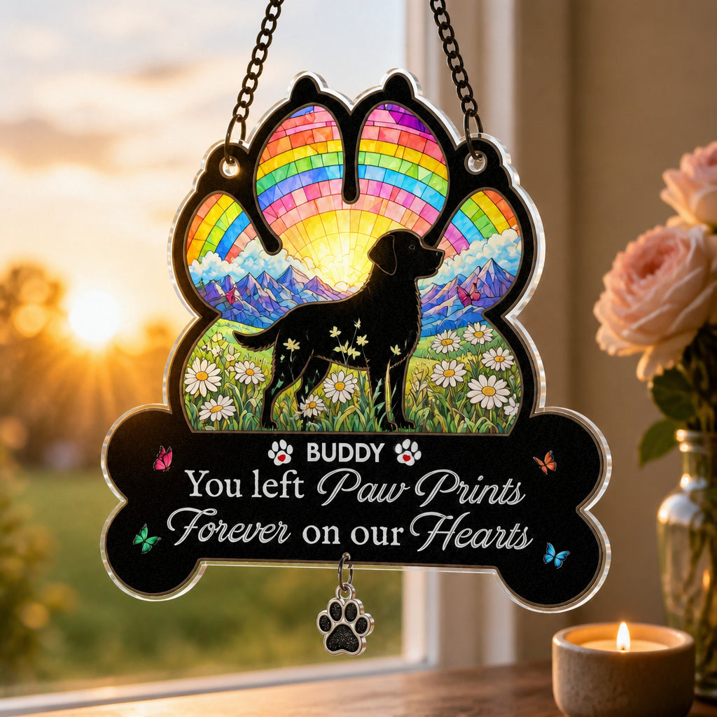 Pet Memorial Rainbow Suncatcher — Paw Prints on Our Hearts - Personalized 1 Layered Suncatcher with Charm 5463faed-4d92-46a1-823d-b36cfa1f388b.jpg