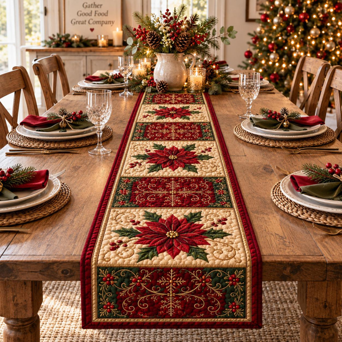 Red Poinsettia Quilt-Style Table Runner, Farmhouse Holiday Dining Decor 54650f33-f1ad-4e15-9687-919d3c933954-4.jpg