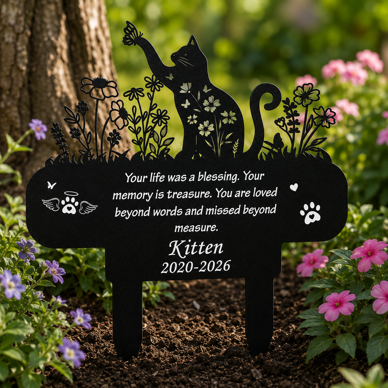 Cat Memorial Grave Stakes - Custom Metal Wildflower Loss Pets Cemetery Markers Decorations for Humans Black Butterfly Lover Plaques Decor for Outdoor Garden Waterproof Sympathy Yard Remembrance Gift