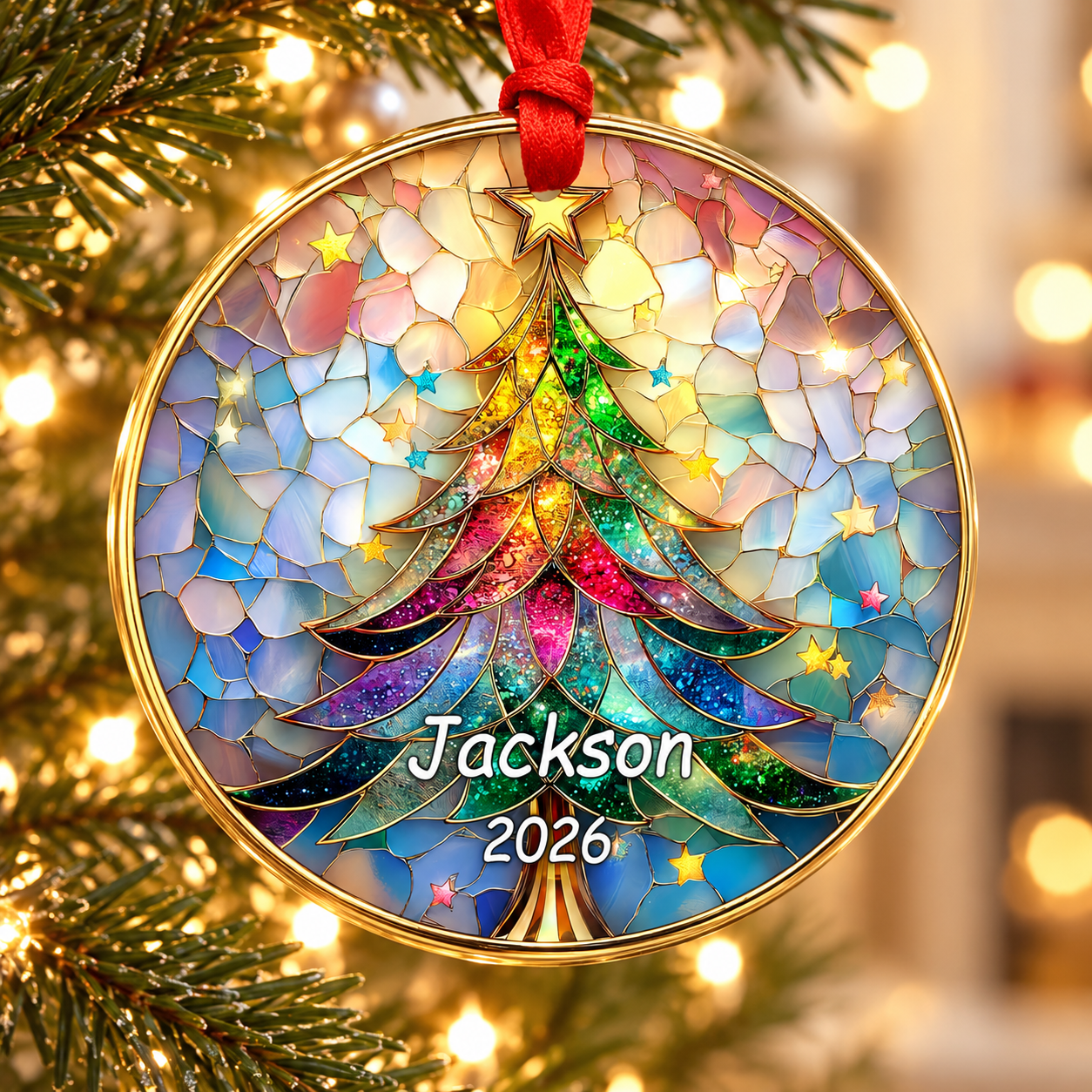 Glass Christmas Ornament With Custom Name & Year, Holiday Decor, Customizable For Kid, Colorful Christmas Tree, Stained Glass Design 547ca678-beab-423d-8632-1c64753856ba-banner-1.png