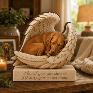 Personalized Wood Vizsla Memorial Block: Custom Angel Wing Dog Portrait Stand, Pet Sympathy Gift