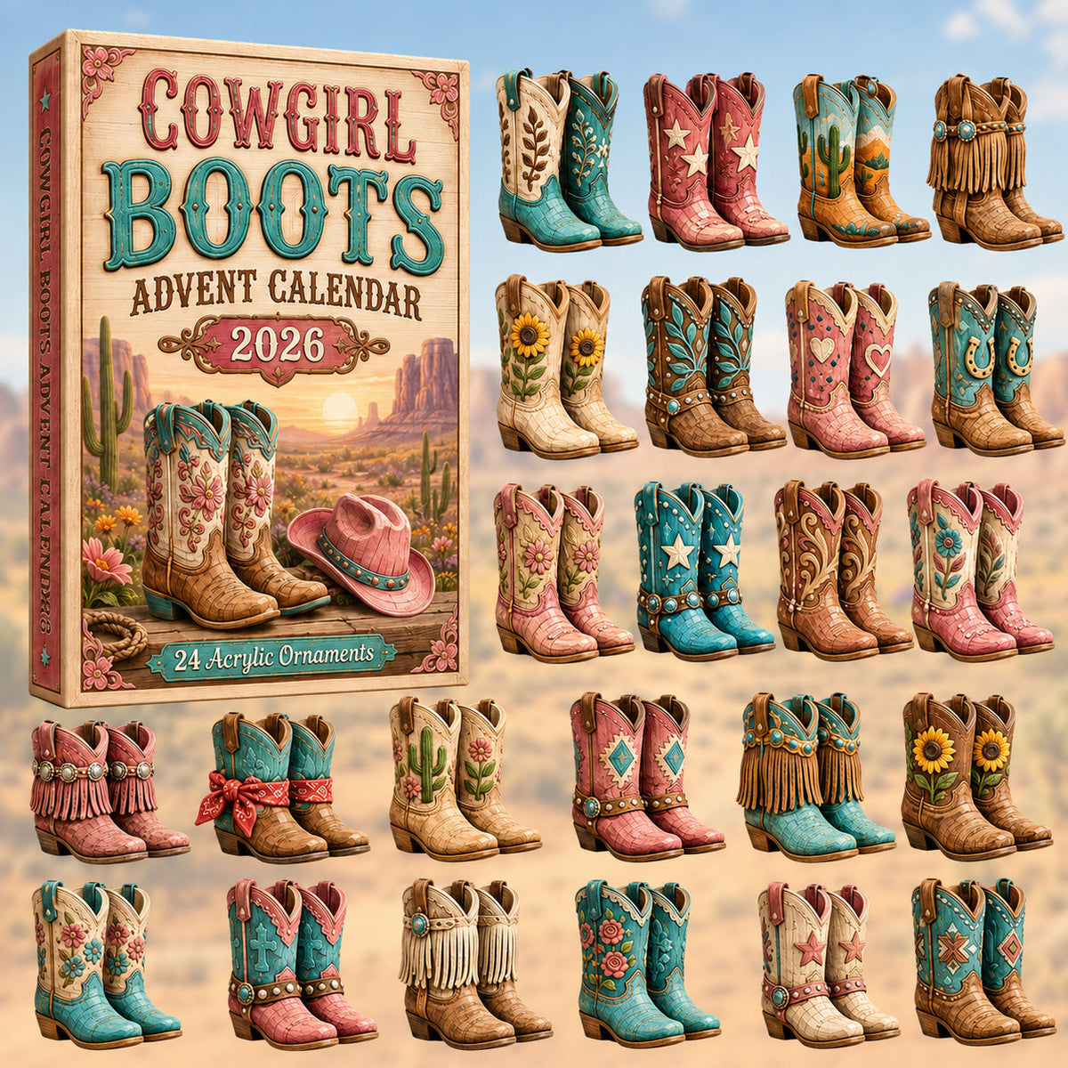 Cowgirl Boots Advent Calendar 2026 - 24-Day Festive Countdown, Acrylic Charms Blind Box - Gift For Family & Friends 547ed2c4-0bd4-4cce-9537-b9ef15751433-boots.jpg