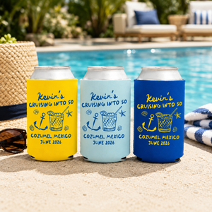 Custom Birthday Cruise Can Coolers, Cruising into 30th, 40th, 50th Personalized Can Sleeves, Custom Beach Boat Birthday Party Favors