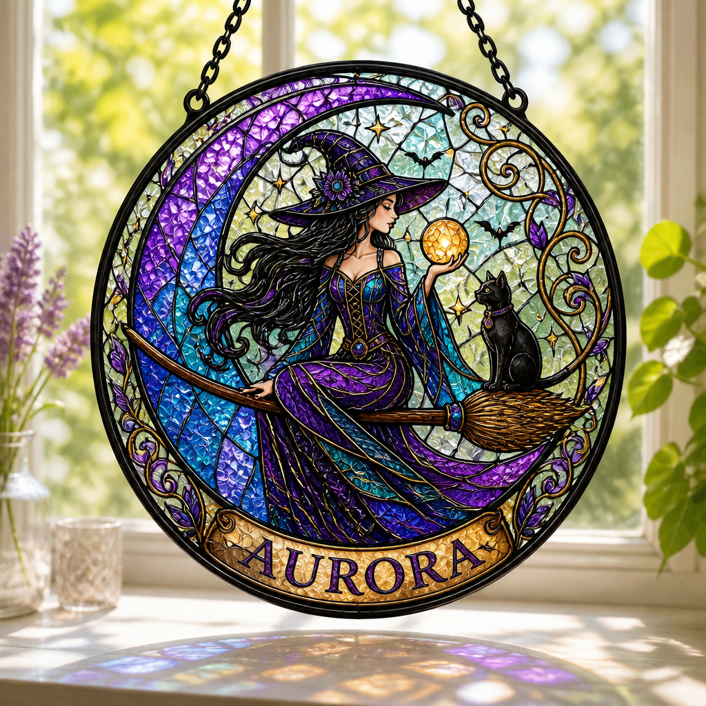 Personalized Witch & Cat Crescent Stained Glass Suncatcher - Personalized Suncatcher Stained Glass 54b54e5e-31a6-4e98-aebf-6c40f24be436.png