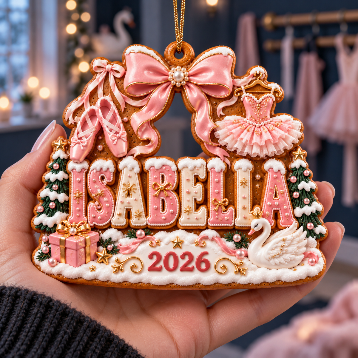 Personalized Ballet Christmas Ornament 2026 – Custom Name with Pink Ballet Shoes, Tutu and Swan, Keepsake Gift for Ballerinas and Dance Lovers 54c3d43a-6253-449c-938c-136200c91819-Isabella-ballet-ornament-in-hand-2.png
