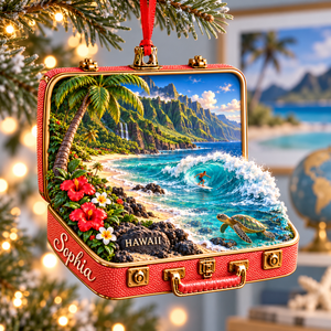 Personalized Hawaii 3D Suitcase Christmas Ornament – Tropical Travel Souvenir & Gift for Beach Lovers 54da00e4-64fe-4aee-8cbf-3d5e685a5120-Hawaii-suitcase-ornament-under-Christmas-lights-1.png
