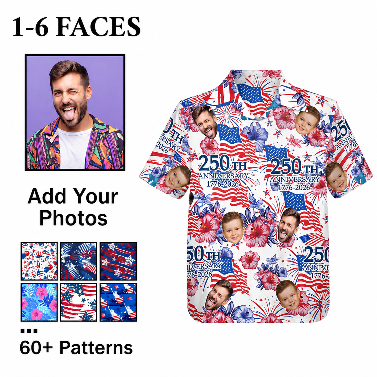 Custom Face Hawaiian Shirt: Personalized America Flag 250th Anniversary Beach Shirt for Men Women