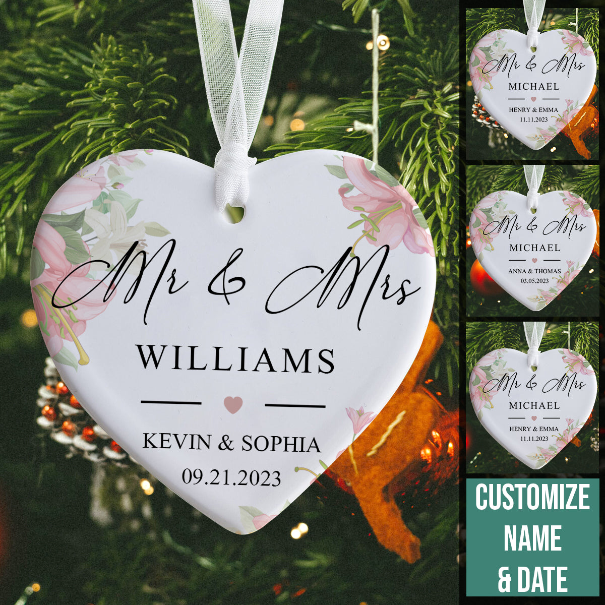 Heart Shaped Mr. & Mrs. - Personalized Ornament - Christmas Gift
