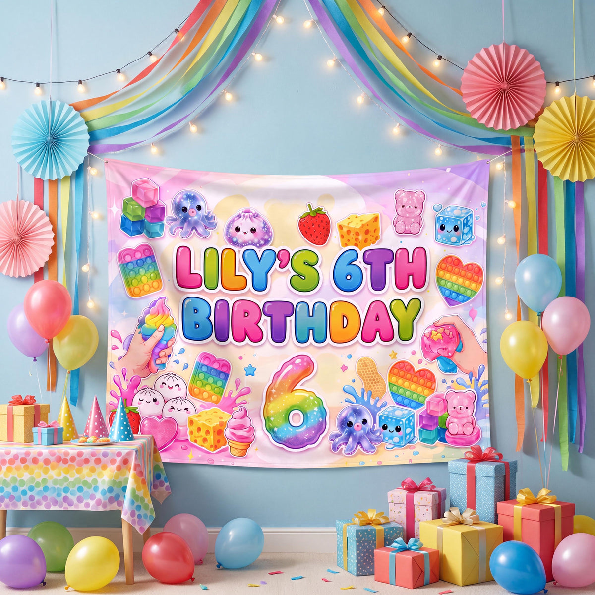 Custom Pastel Rainbow Kawaii Birthday Backdrop, Sensory Toy Fidget Party Banner, Personalized Dumpling Tapestry Photo Booth Decor 552cc9cb-87f7-410d-a702-2ff7fa040e97-6.jpg
