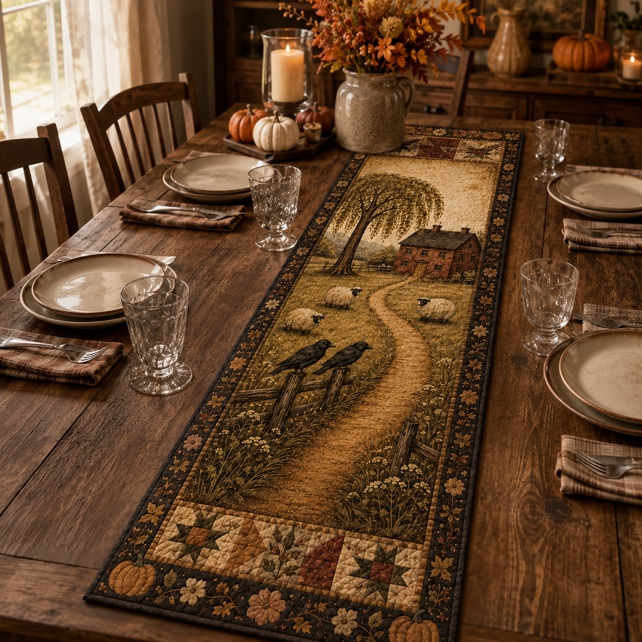 Vintage Fall Farmhouse Table Runner, Autumn Sheep & Crow Country Scene, Rustic Thanksgiving Table Decor 553560e0-62c7-45af-81fe-a39b4a615357-table4.png