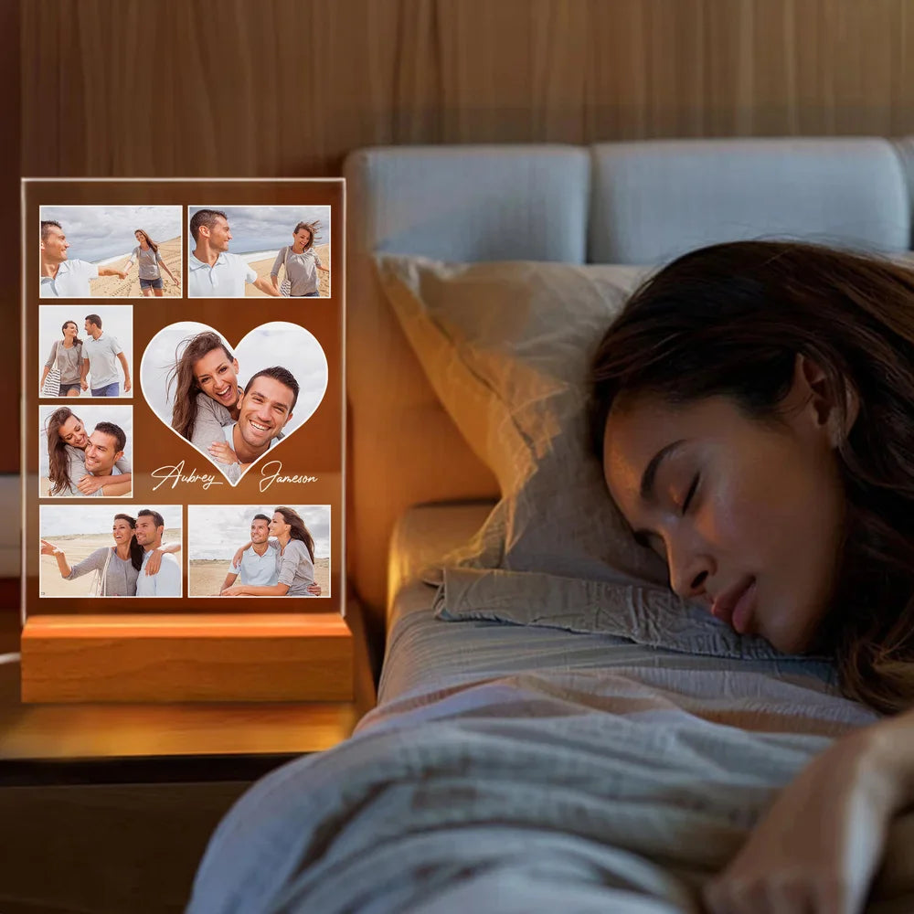 Personalised Heart 5-9 Photos Acrylic LED Night Light with Name and Wooden Base Home Decor Valentine's Day Anniversary Gift for Couple