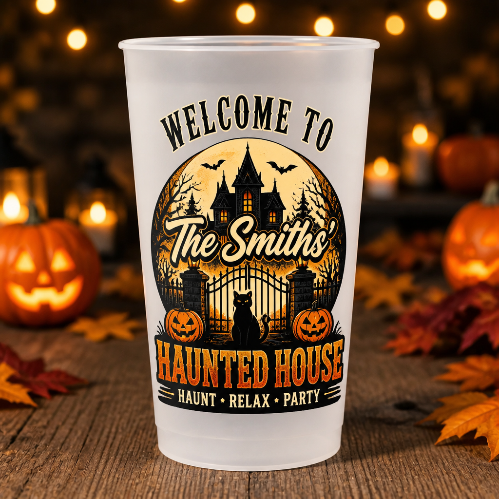 Welcome To The {Family}'s Haunted House - Frosted Party Cup - Personalized Plastic Frosted Water Cup 5540c248-7a54-43e3-9dbc-c5fa826e7628.png