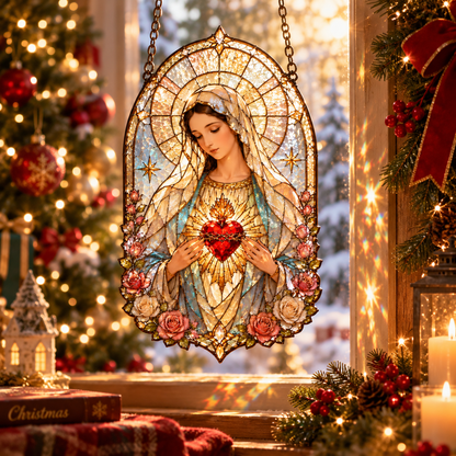 Sacred Heart Mary window hanging, floral religious suncatcher with lilies, roses and golden halo 5572a537-e50f-4f3a-a6ad-64888d4cb505-a8036fe0-5d76-4620-8ae7-6c7bb21d0f91.png