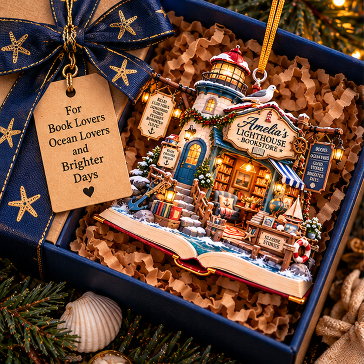 Personalized Lighthouse Bookstore Christmas Ornament – Custom Name 2D Flat Acrylic Ornament, Coastal Book Lover & Beach Reading Gift 557e98ff-f2fd-4693-a736-9f1aa1f87027-amelia_lighthouse_03_gift_box_1200.png