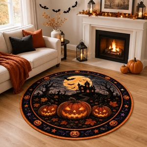 Halloween Round Area Rug, Haunted House Pumpkin Rug, umpkin Patch Area Rug, Gothic Fall Decor, Jack O Lantern Home Rug, Full Moon Witchy Rug 557f394f-2476-4748-b7f6-04a2fc285a83-banner-1.png