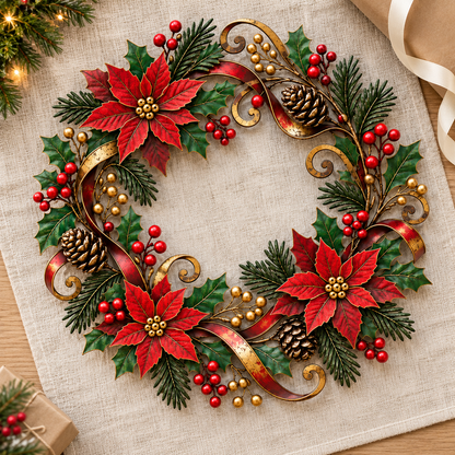 Christmas Poinsettia Metal Wreath, Holiday Door Decor With Holly, Pine Cones, Red Berries And Gold Ribbon 55be1f4b-07c7-4b83-959c-afa23d7a1d3c-2c3e77a6-91d8-40f7-bffe-c82f109290f4.png