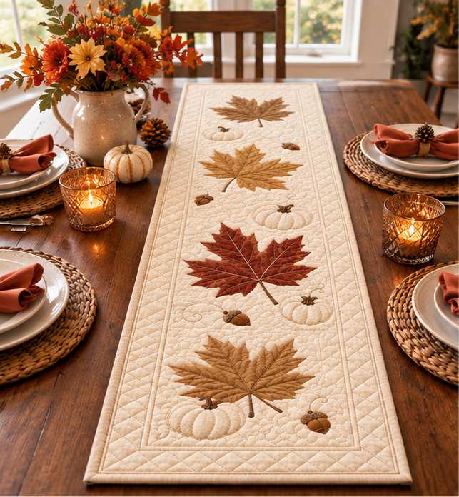 Neutral Maple Leaf Pumpkin Quilted Table Runner Patchwork Quilt Minimalist Autumn Kitchen Decor Elegant Fall Table Centerpiece New Cozy Gift 560caa1f-f781-4e5a-955f-85889ca87b3f-set2_01_top_left.png
