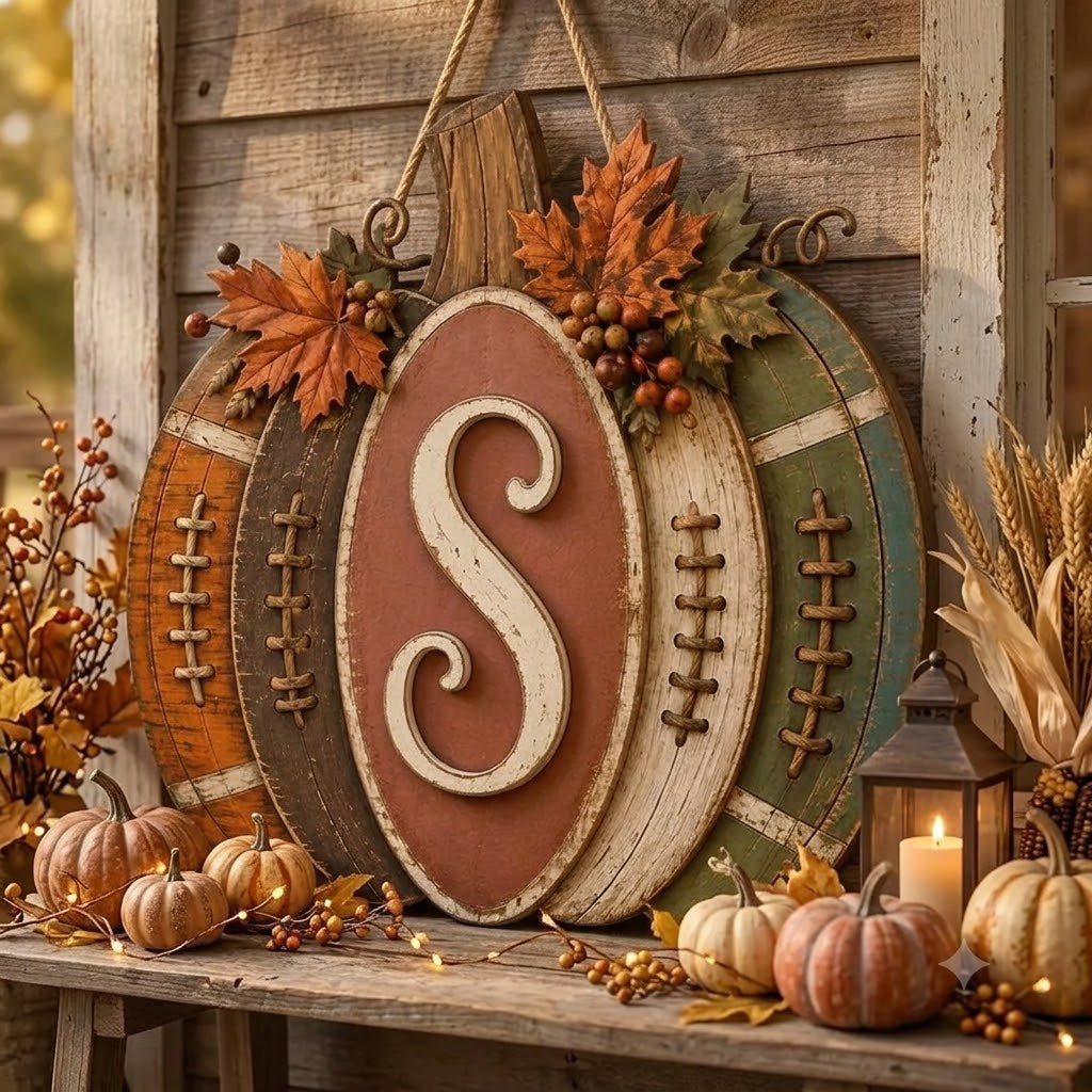 Personalized Football Pumpkin Door Hanger, Rustic Fall Wooden Monogram Sign, Farmhouse Autumn Porch Decor, GIFT 2026, Custom Initial 5615b56d-c7d3-4f48-ae91-8cd827979604-dsd-1-.jfif