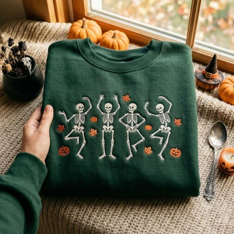 Embroidered Skeleton Sweatshirt: Halloween Dancing Skeletons, Autumn Leaves, Pumpkins 56286e8d-b5ac-49b2-a1d1-ded13b2fb43c--erhy-1-.webp