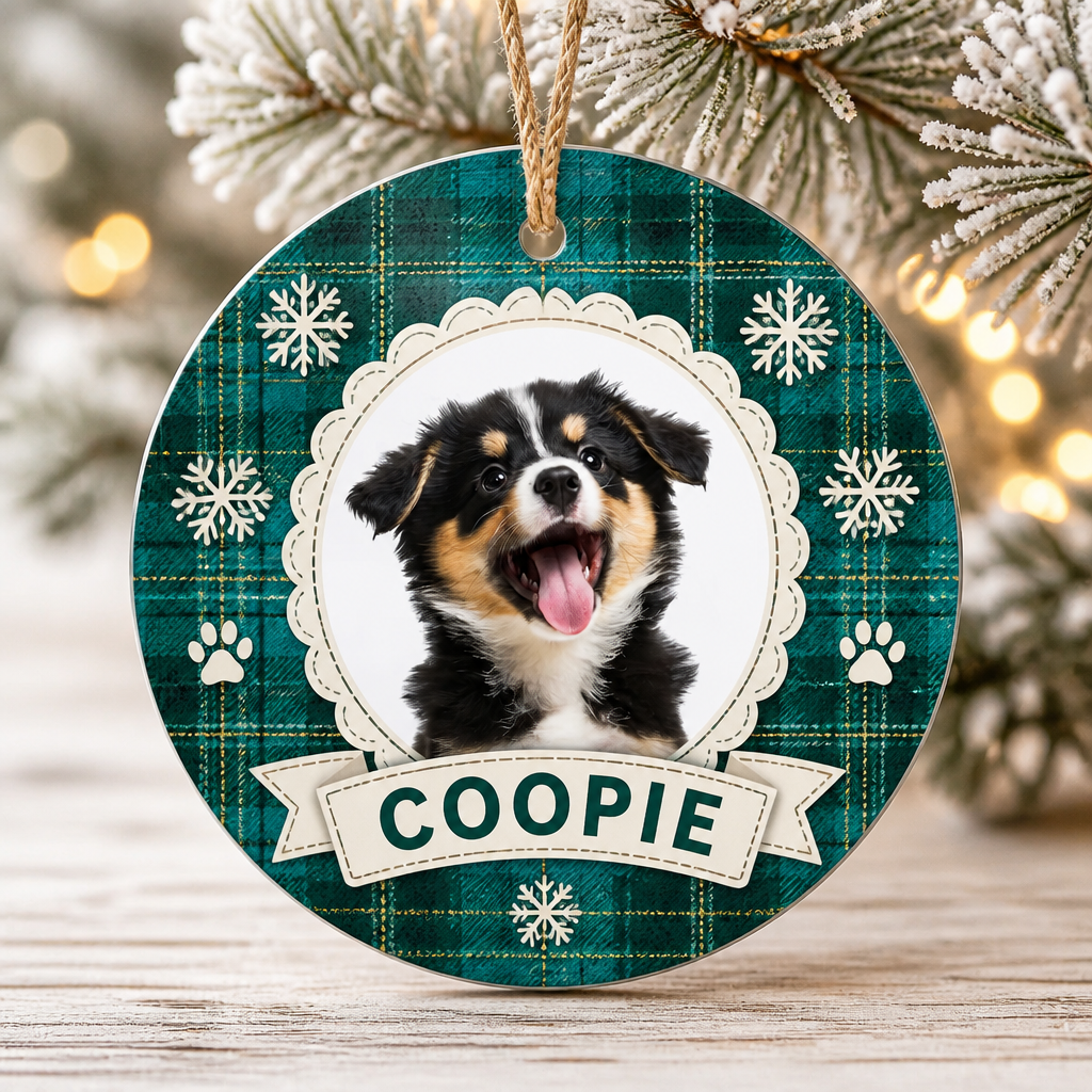 Round Plaid Pet Photo + Name Ornament - Personalized Aluminum Ornament 563a8d16-af90-43d4-bd61-7d138c8a5fdd.png
