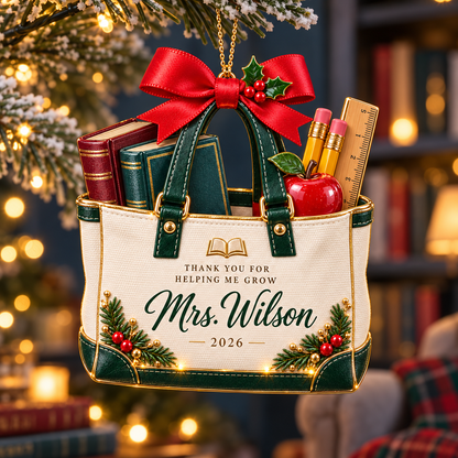 Personalized Teacher Christmas Ornament 2026 – Custom Name Tote Bag with Books, Pencils and Apple, Teacher Appreciation Keepsake Gift 567c581e-3d88-4bee-9b81-2d7072a60d3e-Teacher-Appreciation-Ornament-on-a-Frosted-Fir.png