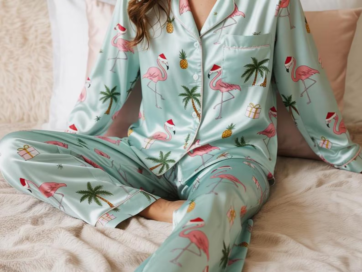 Tropical Flamingo Christmas Satin Pajamas Set, Palm Tree Holiday PJs, Beach Christmas Loungewear, Matching Family Xmas Sleepwear 568301b7-f16b-4653-a165-da0729df6e24-14.png