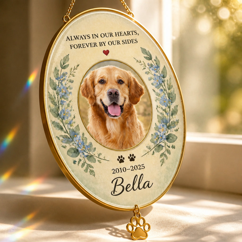 Pet Memorial Stone — Photo, Name & Dates (“Always in our hearts”) - Personalized 1 Layered Suncatcher with Charm 56a3e19b-5bac-4c62-8c7e-88bb0863ceb7.jpg