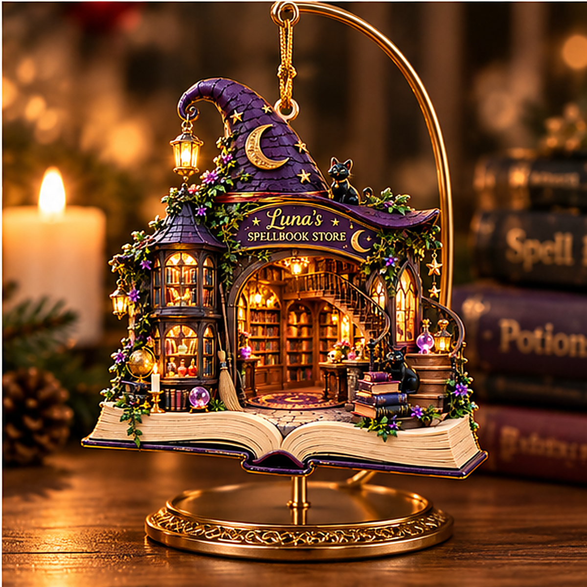 Personalized Dark Academia Bookstore Christmas Ornament – Custom Name 2D Flat Acrylic Ornament, Gothic Library Gift for Book Lovers 56fef43e-67e4-4231-8875-1a34add3f3a3-luna_spellbook_04_display_stand.png