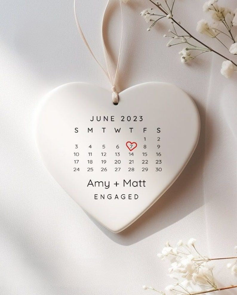 Engaged Ornament- Engagement Ornament- Engagement Gift- Custom Ornament- Engagement Announcement- Couples Ornament - heart ornament