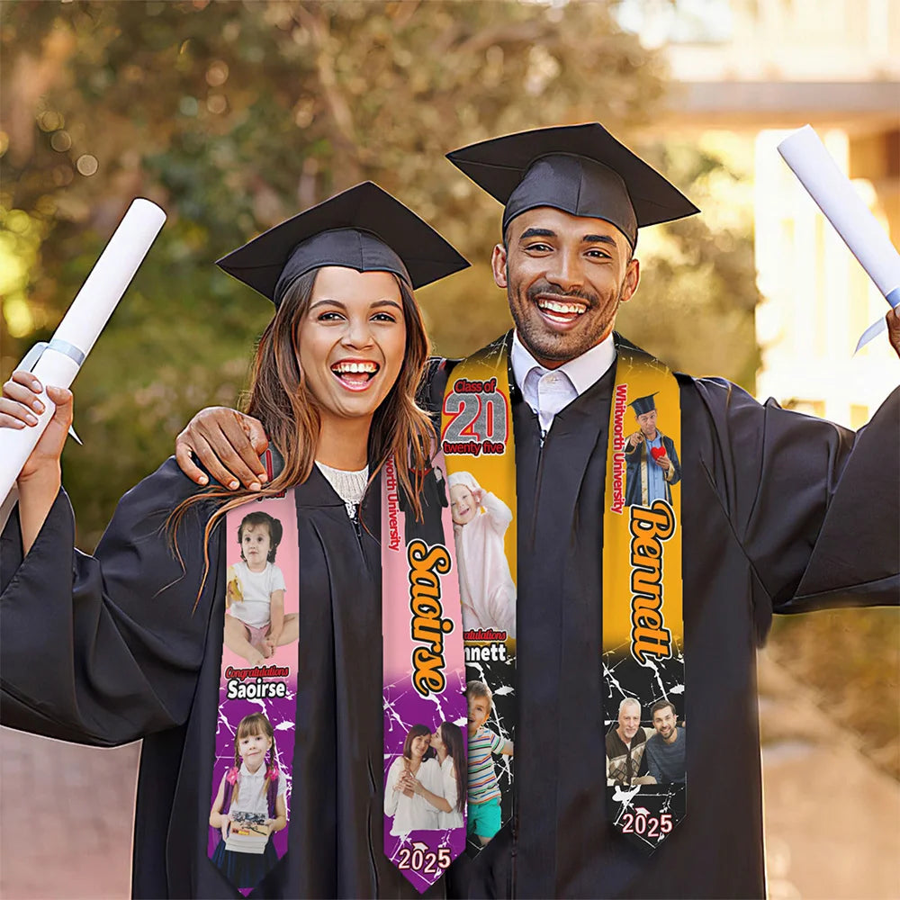 Personalised Multicolor Photo Graduation Stole with Text Class of 2025 Graduation Gift for Unisex Graduates