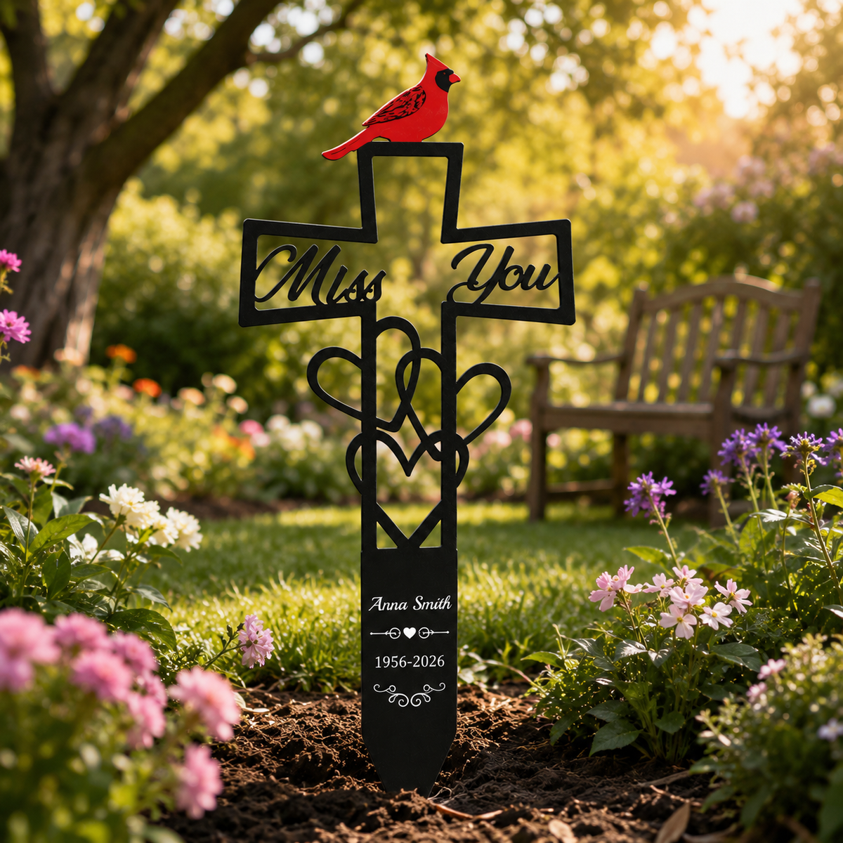 Cemetery Memorial Plaque with Cardinal & Cross Weatherproof Grave Marker with Miss You Script, Heart Accent, Outdoor Ground Stake for Garden, Cemetery Remembrance Tribute