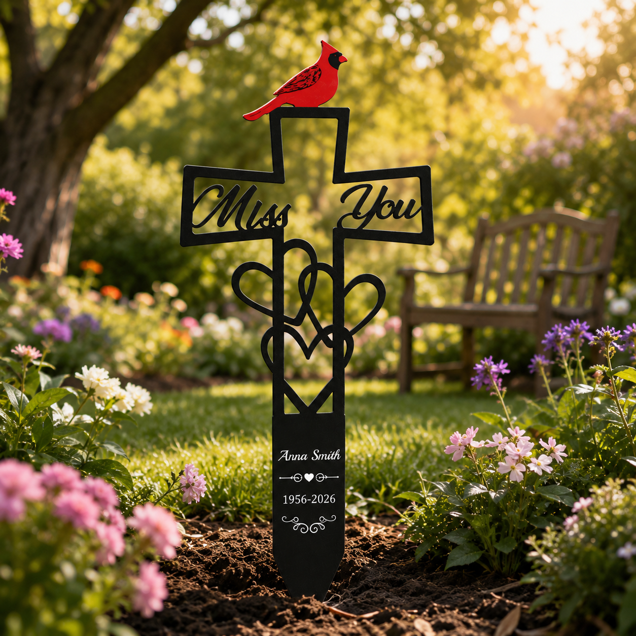 Cemetery Memorial Plaque with Cardinal & Cross Weatherproof Grave Marker with Miss You Script, Heart Accent, Outdoor Ground Stake for Garden, Cemetery Remembrance Tribute