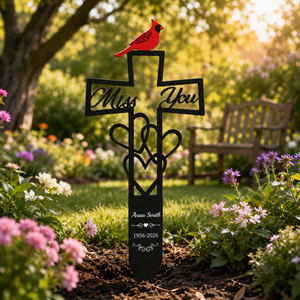 Cemetery Memorial Plaque with Cardinal & Cross Weatherproof Grave Marker with Miss You Script, Heart Accent, Outdoor Ground Stake for Garden, Cemetery Remembrance Tribute