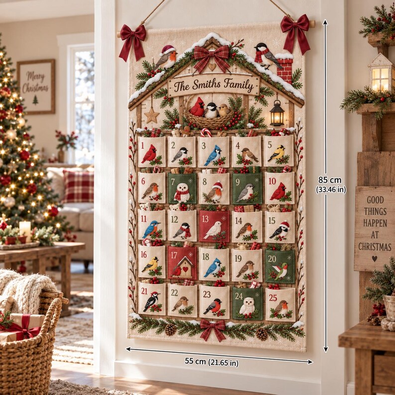 Personalized Bird Christmas Fabric Advent Calendar, 25 Day Pocket Countdown, Custom Family Name Quilted Wall Hanging, Bird Lover Xmas Decor 57948d15-679a-4705-ab7c-8ea744f9bbab-il_794xN.8602835715_de4e.jpg